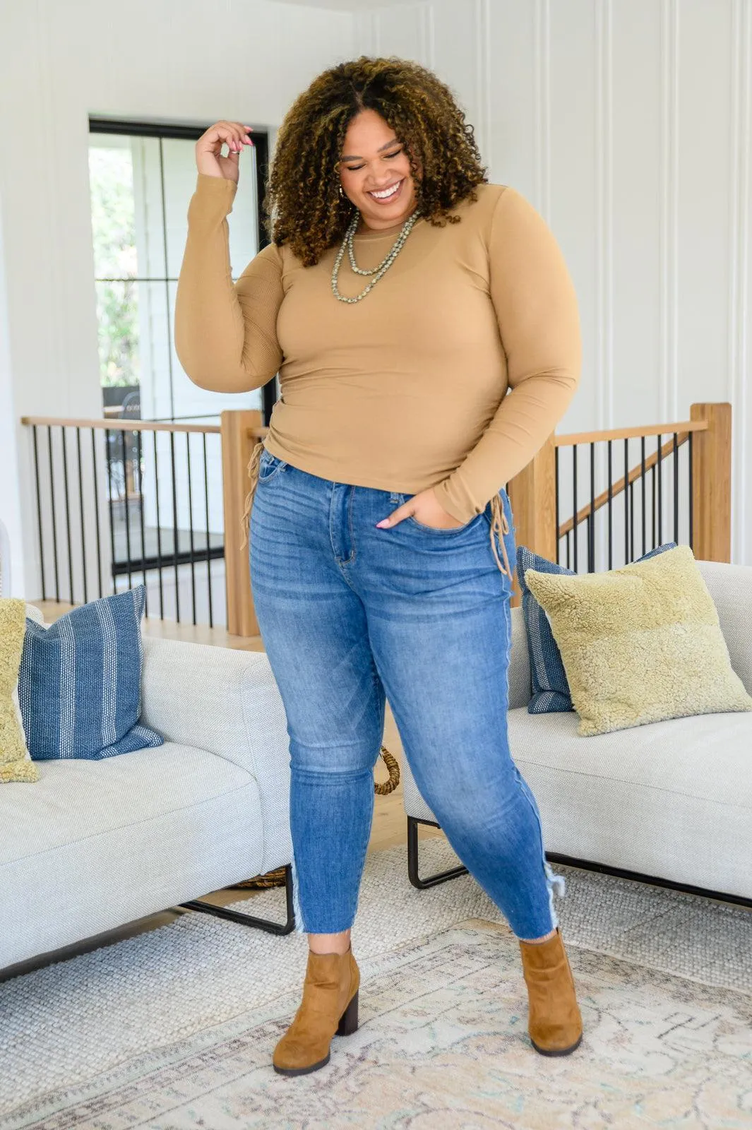 Hazel Blues® | Hold Me Tight Ribbed Long Sleeve Top In Tan