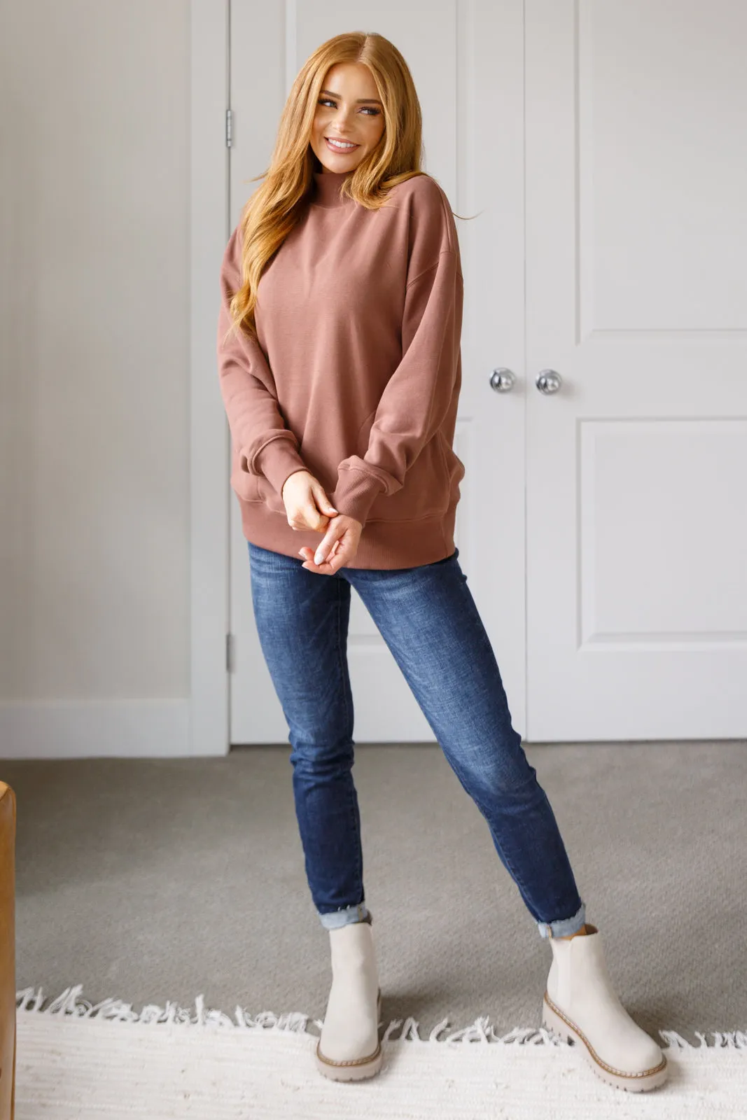 Hazel Blues® |  Make No Mistake Mock Neck Pullover in Cocoa