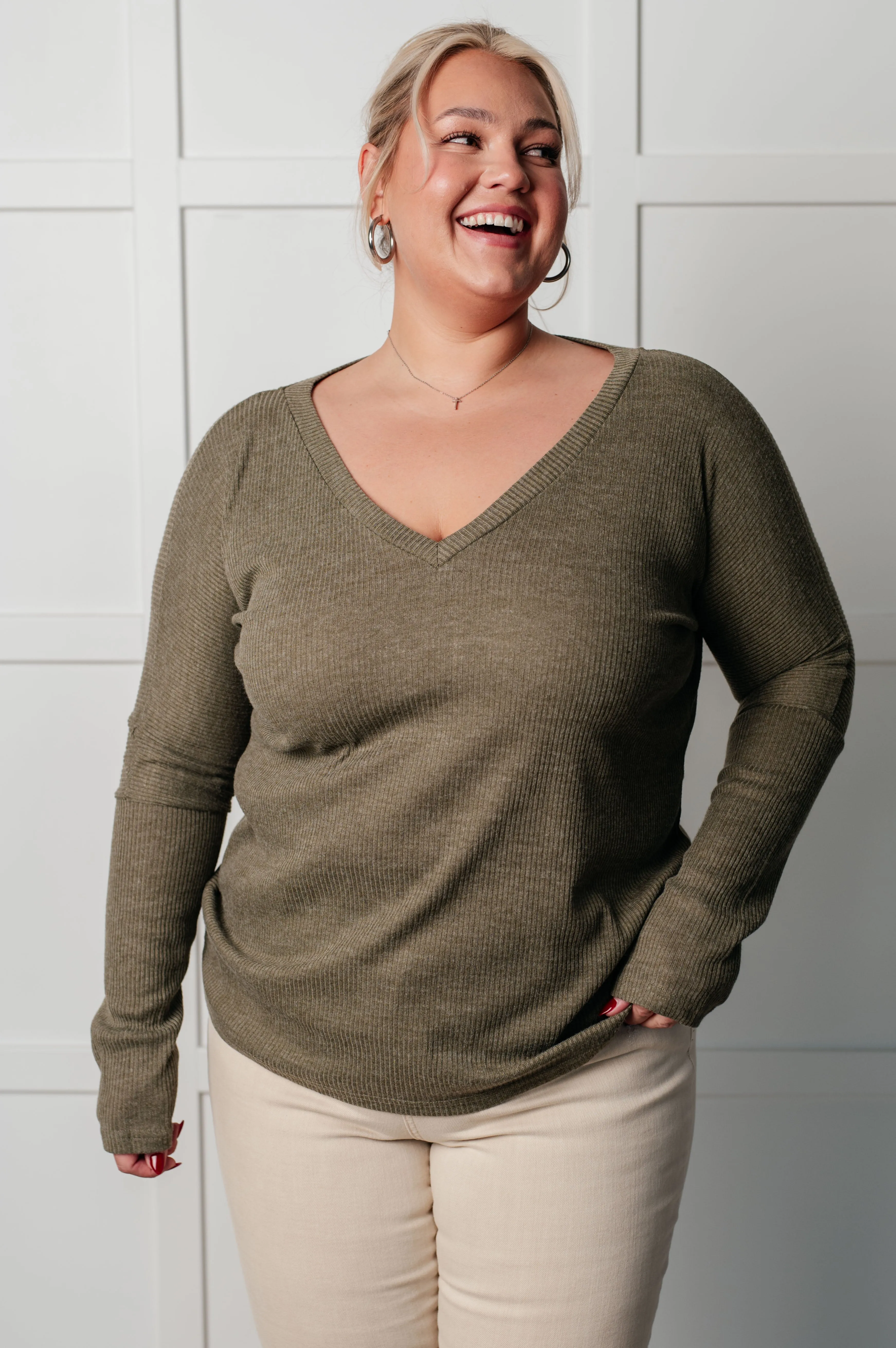 Hazel Blues® |  On a Roll Ribbed Knit V Neck Long Sleeve Top