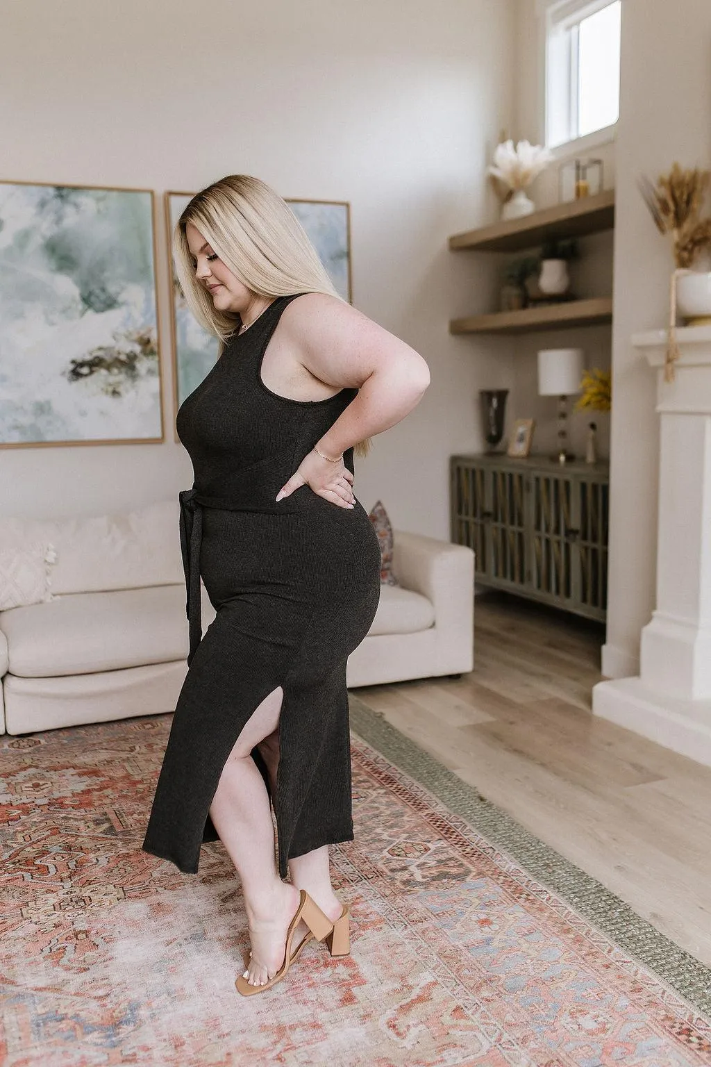 Hazel Blues® |  Out on the Town Tie Detail Midi Dress in Charcoal