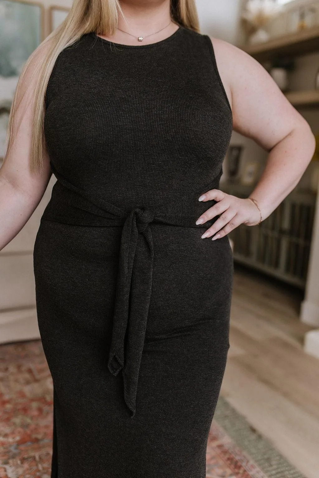 Hazel Blues® |  Out on the Town Tie Detail Midi Dress in Charcoal
