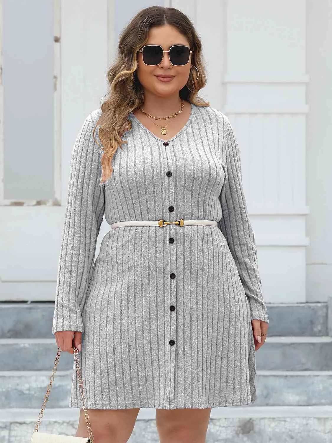 Hazel Blues® | Ribbed Buttoned V-Neck Long Sleeve Dress