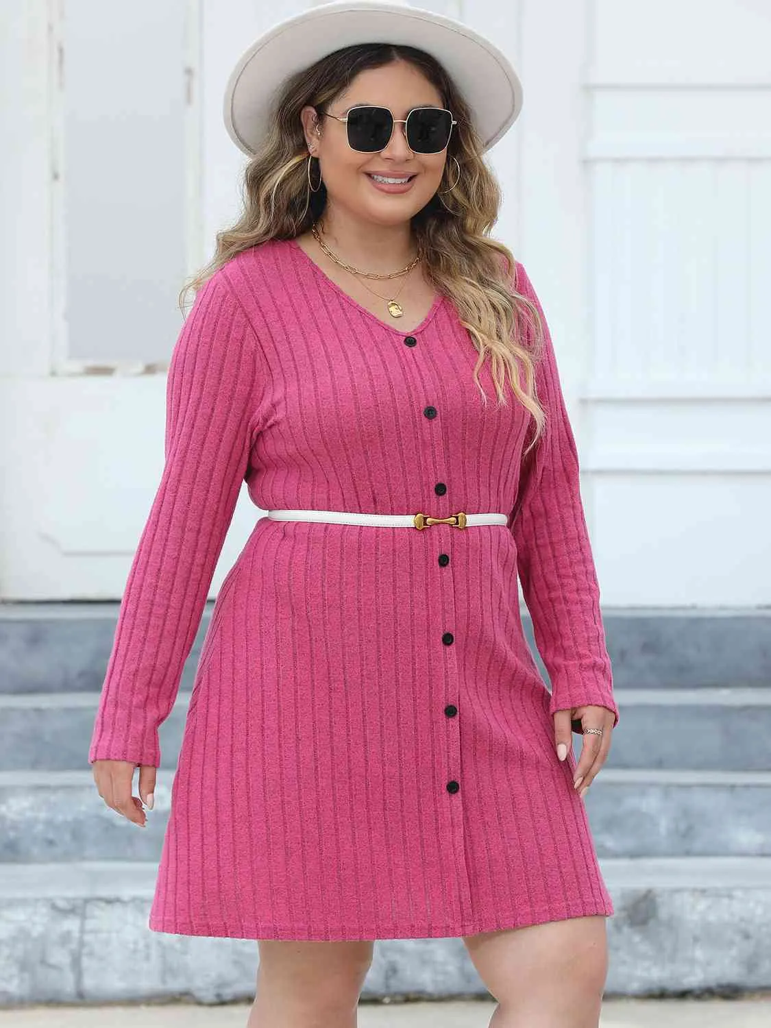 Hazel Blues® | Ribbed Buttoned V-Neck Long Sleeve Dress