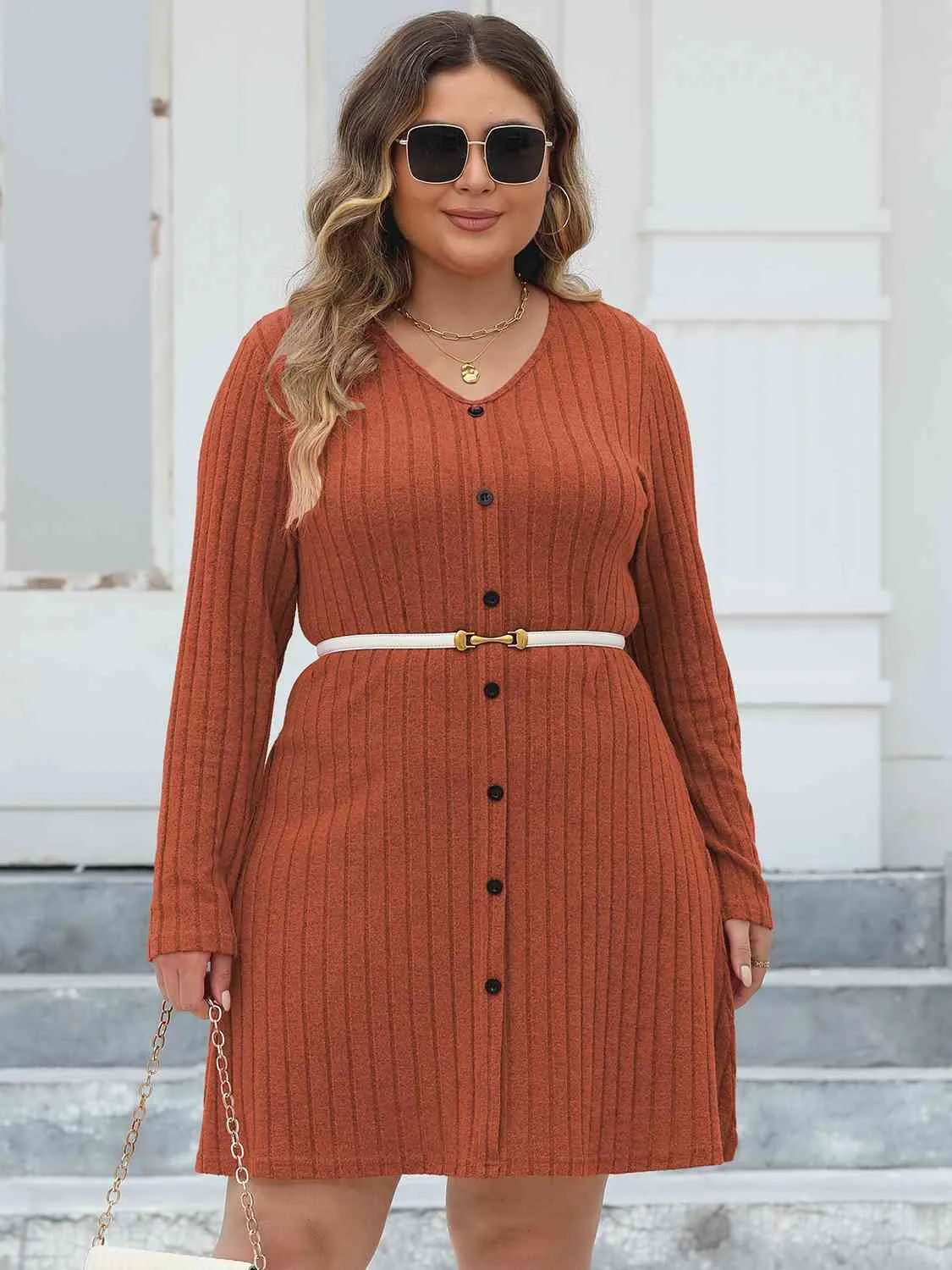 Hazel Blues® | Ribbed Buttoned V-Neck Long Sleeve Dress