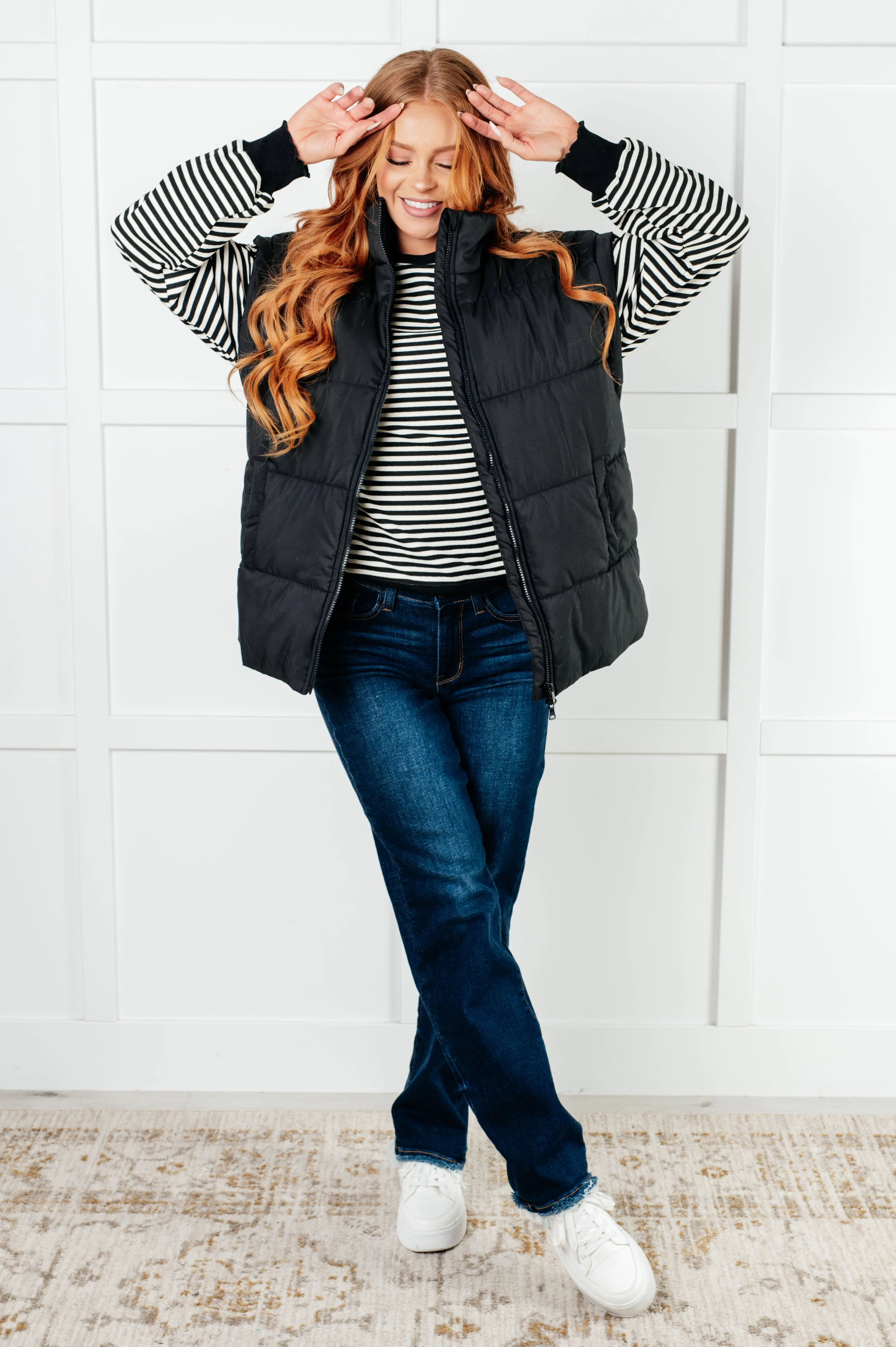 Hazel Blues® |  Too Good to Be True Striped Drop Shoulder Top in Black