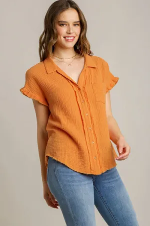 Hazel Blues® | Umgee Frayed Hem Collared Neck Short Sleeve Shirt