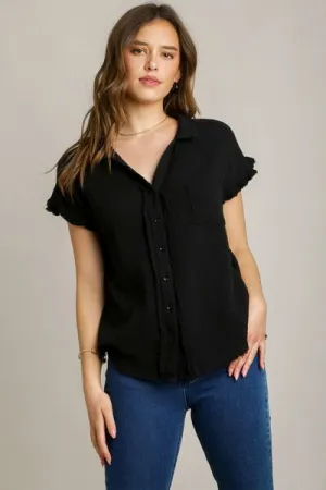 Hazel Blues® | Umgee Frayed Hem Collared Neck Short Sleeve Shirt