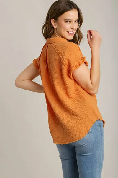 Hazel Blues® | Umgee Frayed Hem Collared Neck Short Sleeve Shirt