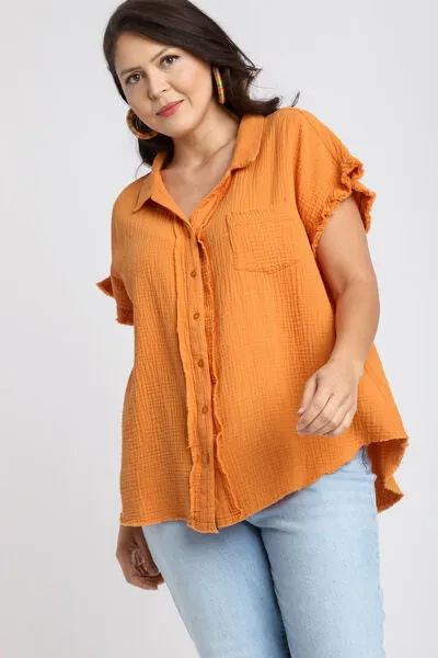 Hazel Blues® | Umgee Frayed Hem Collared Neck Short Sleeve Shirt