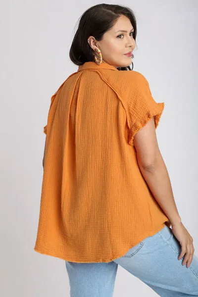 Hazel Blues® | Umgee Frayed Hem Collared Neck Short Sleeve Shirt