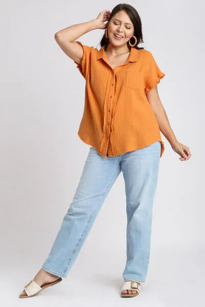 Hazel Blues® | Umgee Frayed Hem Collared Neck Short Sleeve Shirt
