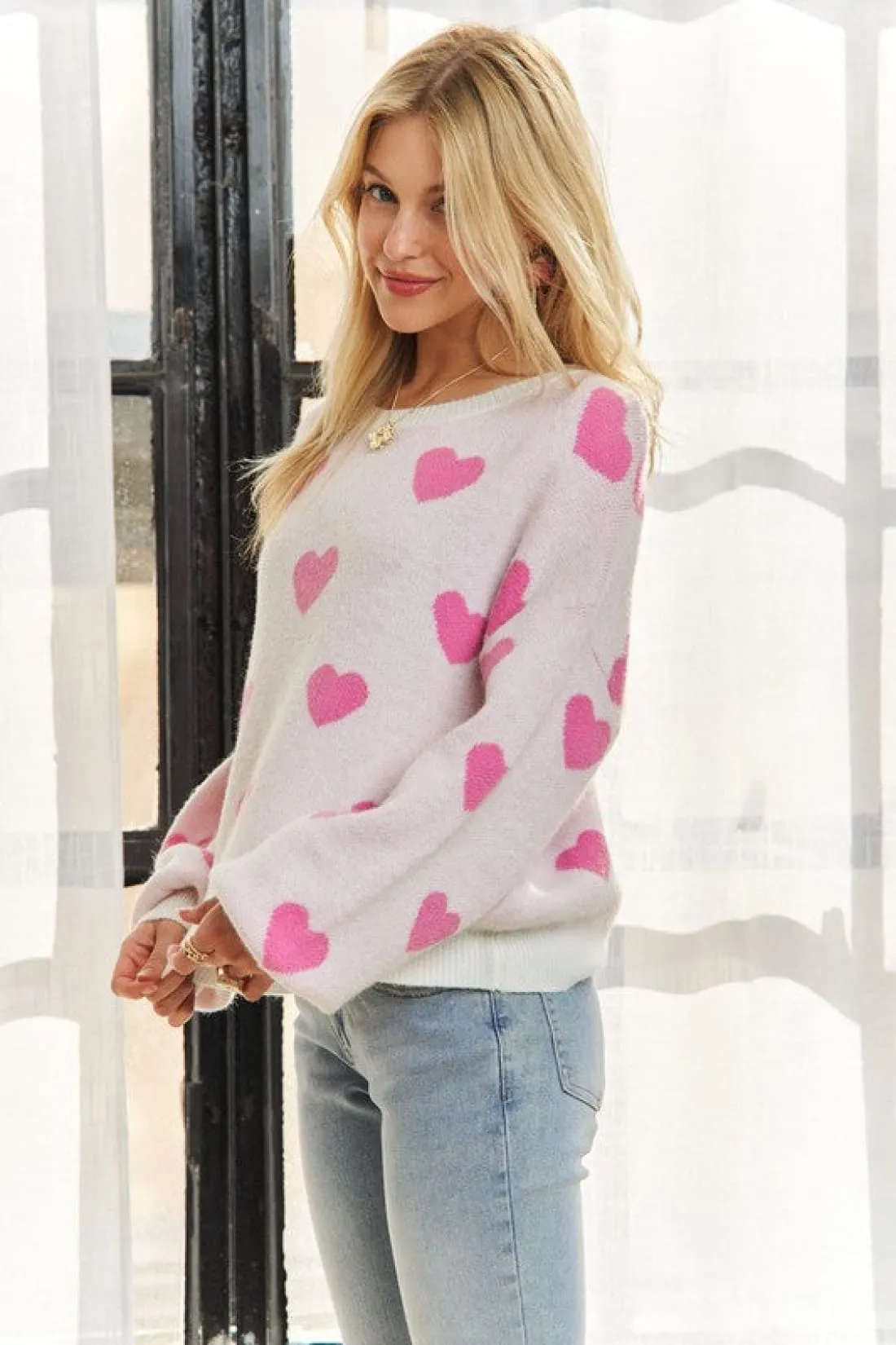 Heart Print Round Neck Drop Shoulder Sweater