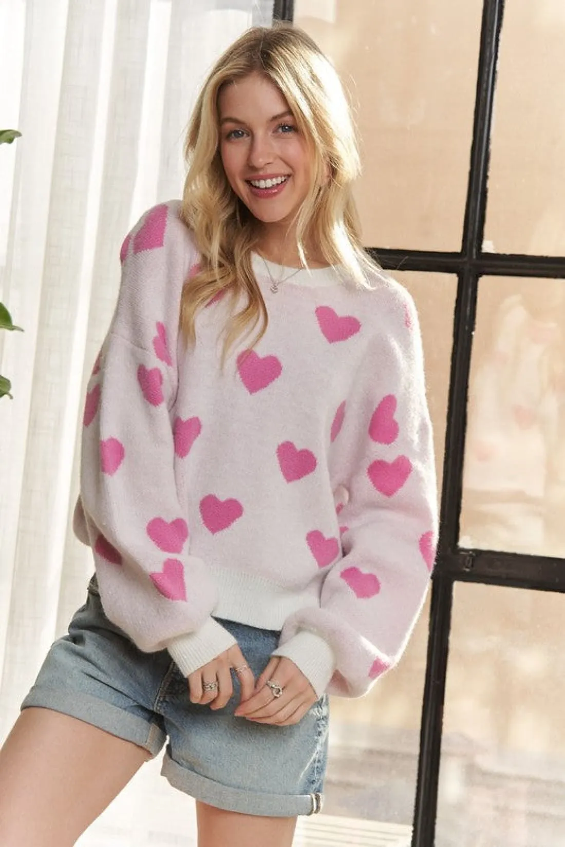 Heart Print Round Neck Drop Shoulder Sweater