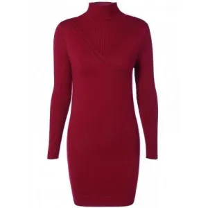 High Neck Long Sleeve  Ribbed Bodycon Sweater Dress - Wine Red One Size