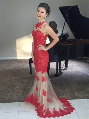 High Neck Mermaid Sleeveless Appliques Lace Long Prom Dresses, Mermaid Formal Dresses, Evening Dresses