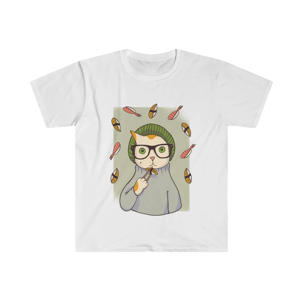 HIPSTER CAT <br>WITH SUSHI <br>men's fitted <br>short sleeve tee