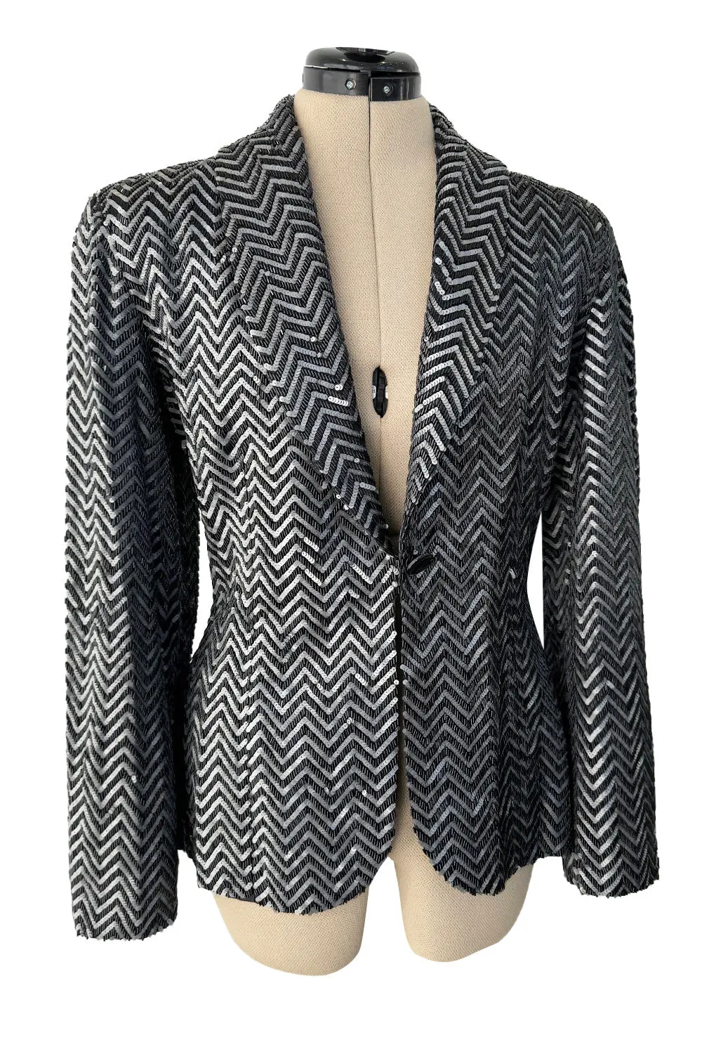Impeccable Fall 1984 John Anthony Couture Silver & Black Chevron Hand Beaded & Sequin Jacket