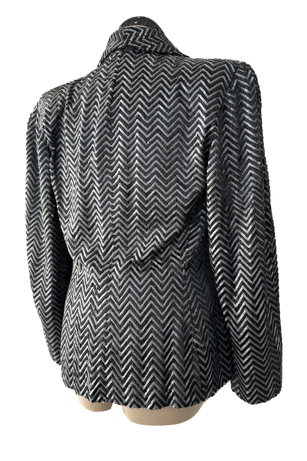 Impeccable Fall 1984 John Anthony Couture Silver & Black Chevron Hand Beaded & Sequin Jacket