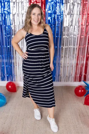 IN PRODUCTION Reagan Ribbed Midi Dress - Midnight Navy Stripes