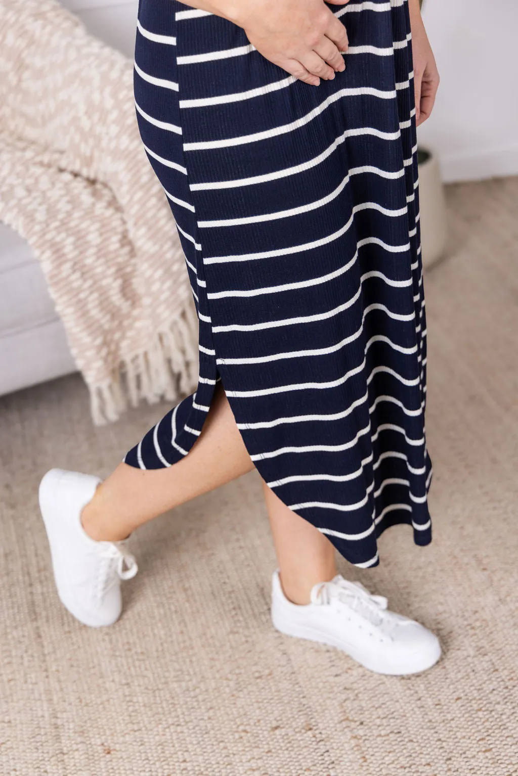 IN PRODUCTION Reagan Ribbed Midi Dress - Midnight Navy Stripes