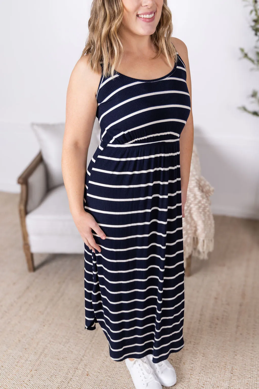 IN PRODUCTION Reagan Ribbed Midi Dress - Midnight Navy Stripes