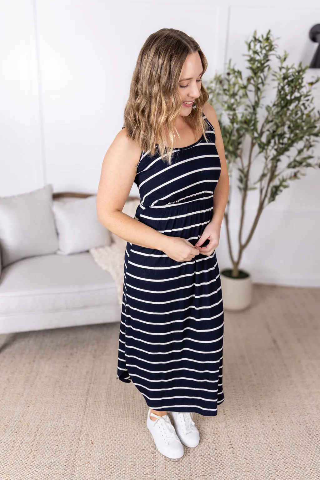 IN PRODUCTION Reagan Ribbed Midi Dress - Midnight Navy Stripes