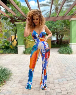 Inez Sleeveless Abstract Print Twist Front Flared Jumpsuit