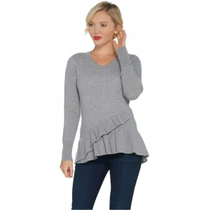 Isaac Mizrahi Live! Women's 2-Ply Cashmere V-Neck Ruffle Sweater