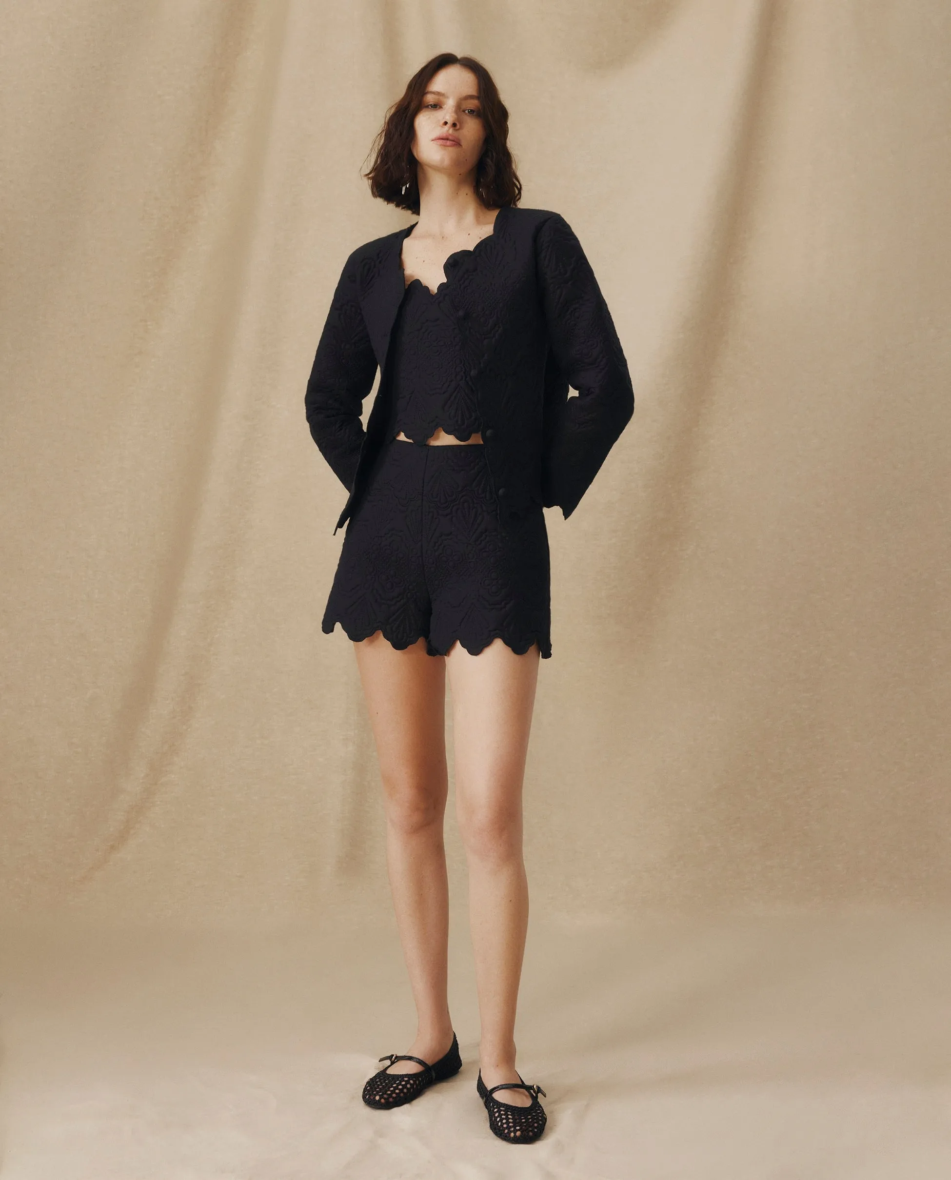 ISHANI | Black Trapunto Embroidered Linen High Waist Short