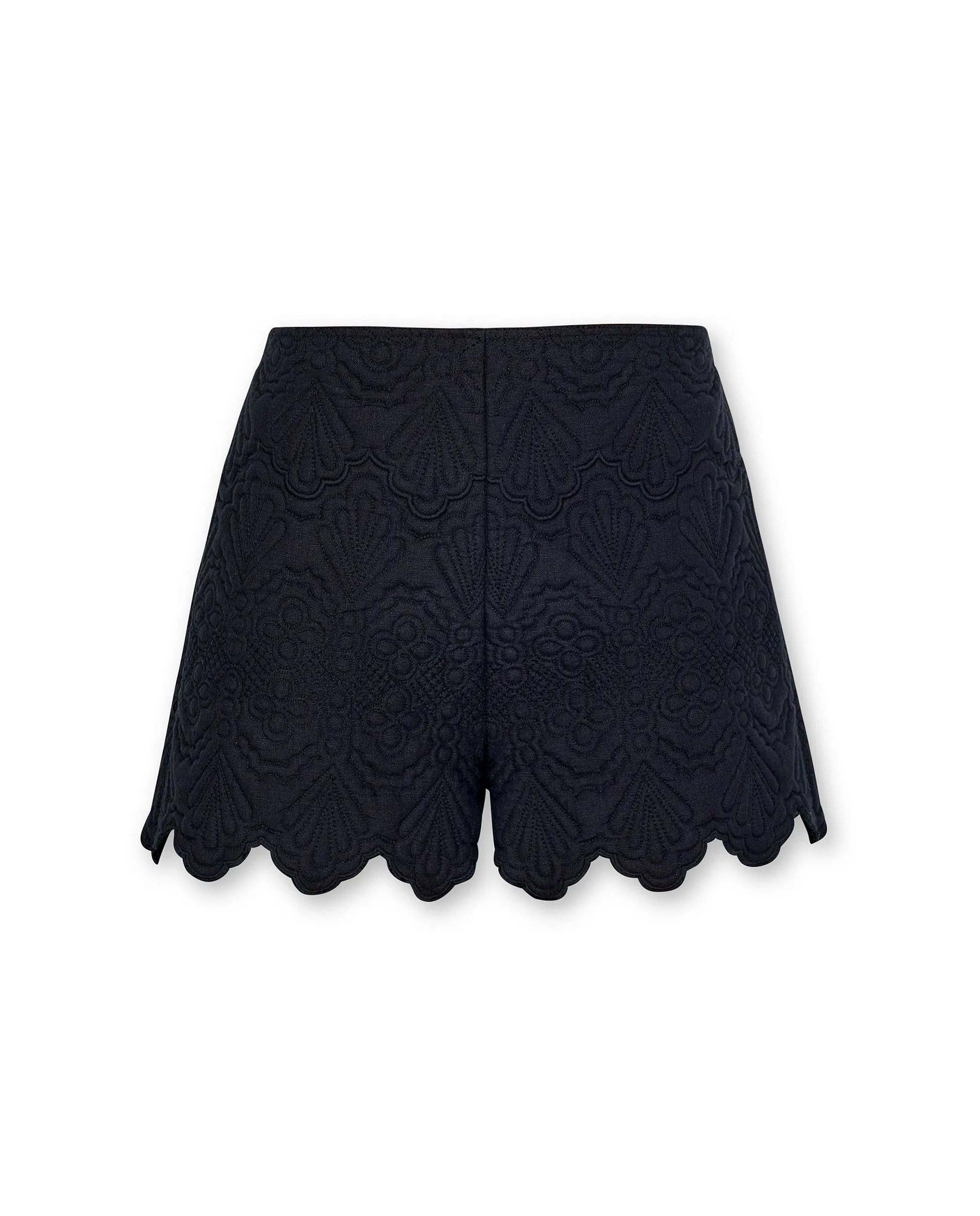 ISHANI | Black Trapunto Embroidered Linen High Waist Short