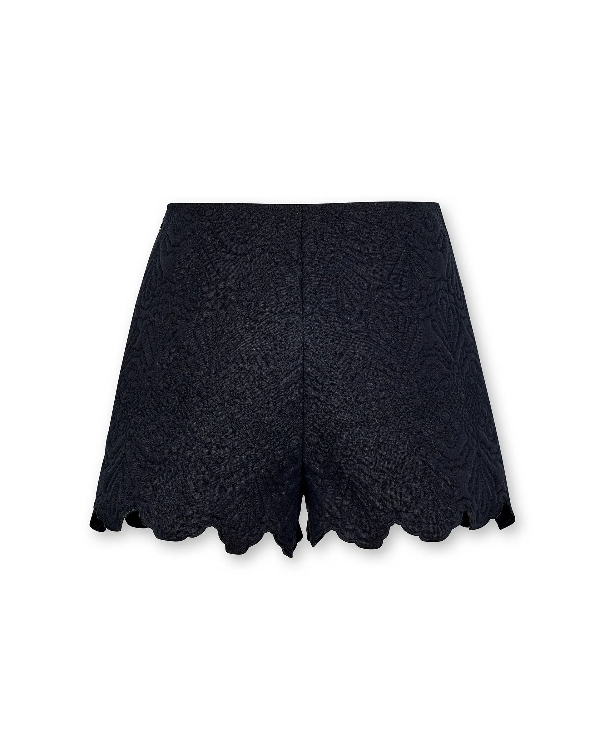 ISHANI | Black Trapunto Embroidered Linen High Waist Short