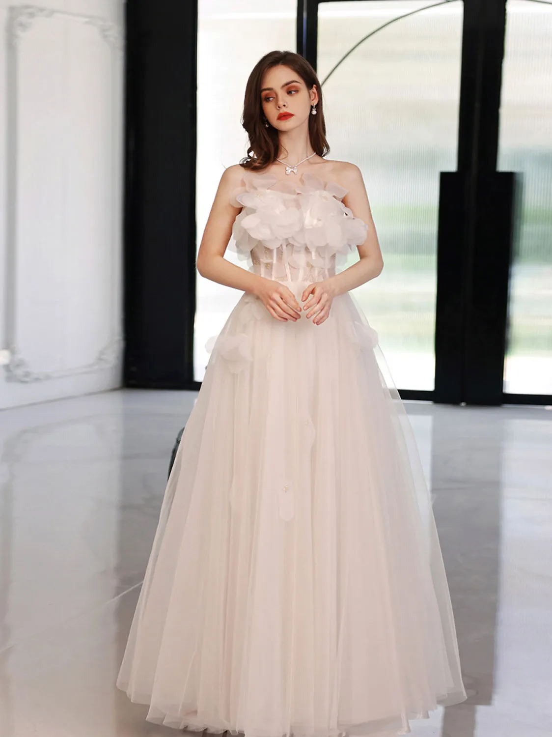 ivory Aline tulle long prom dress tulle long graduation dress
