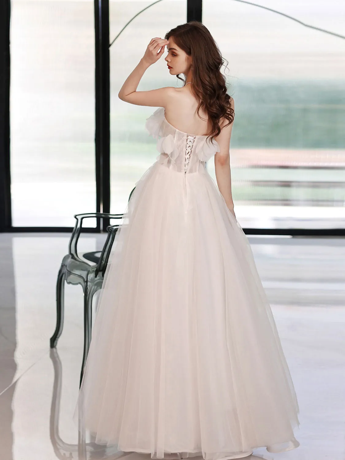 ivory Aline tulle long prom dress tulle long graduation dress