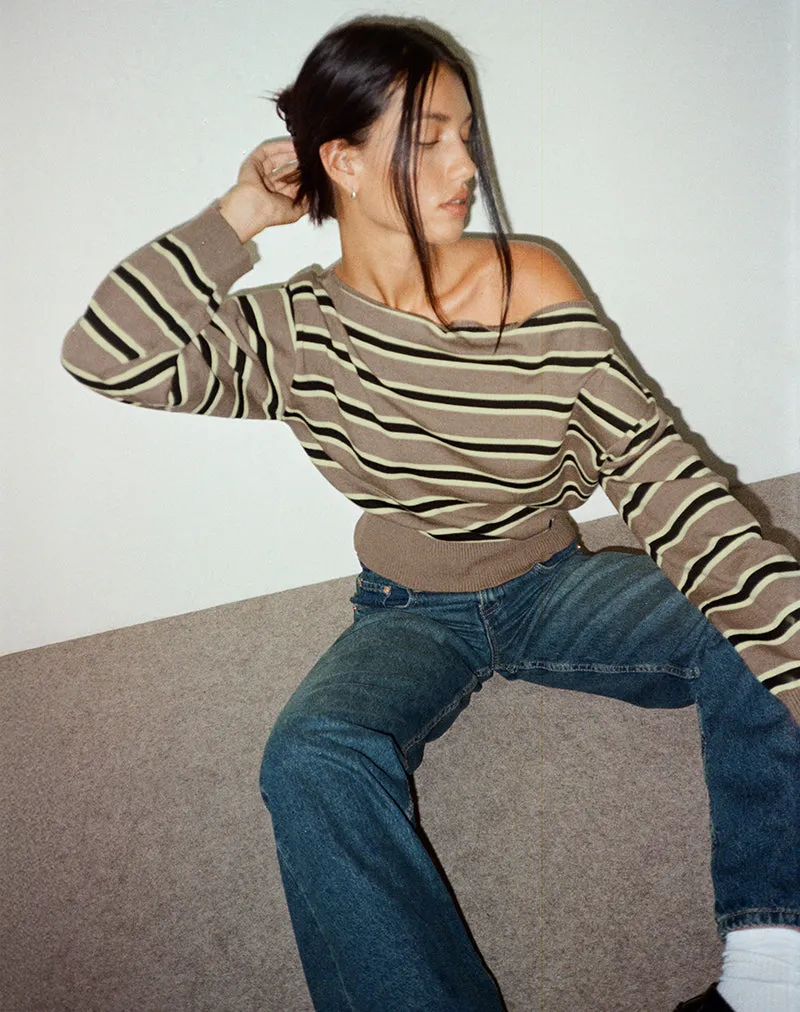 Jalira Asymmetric Cinch Jumper in Stripe Brown and Yellow