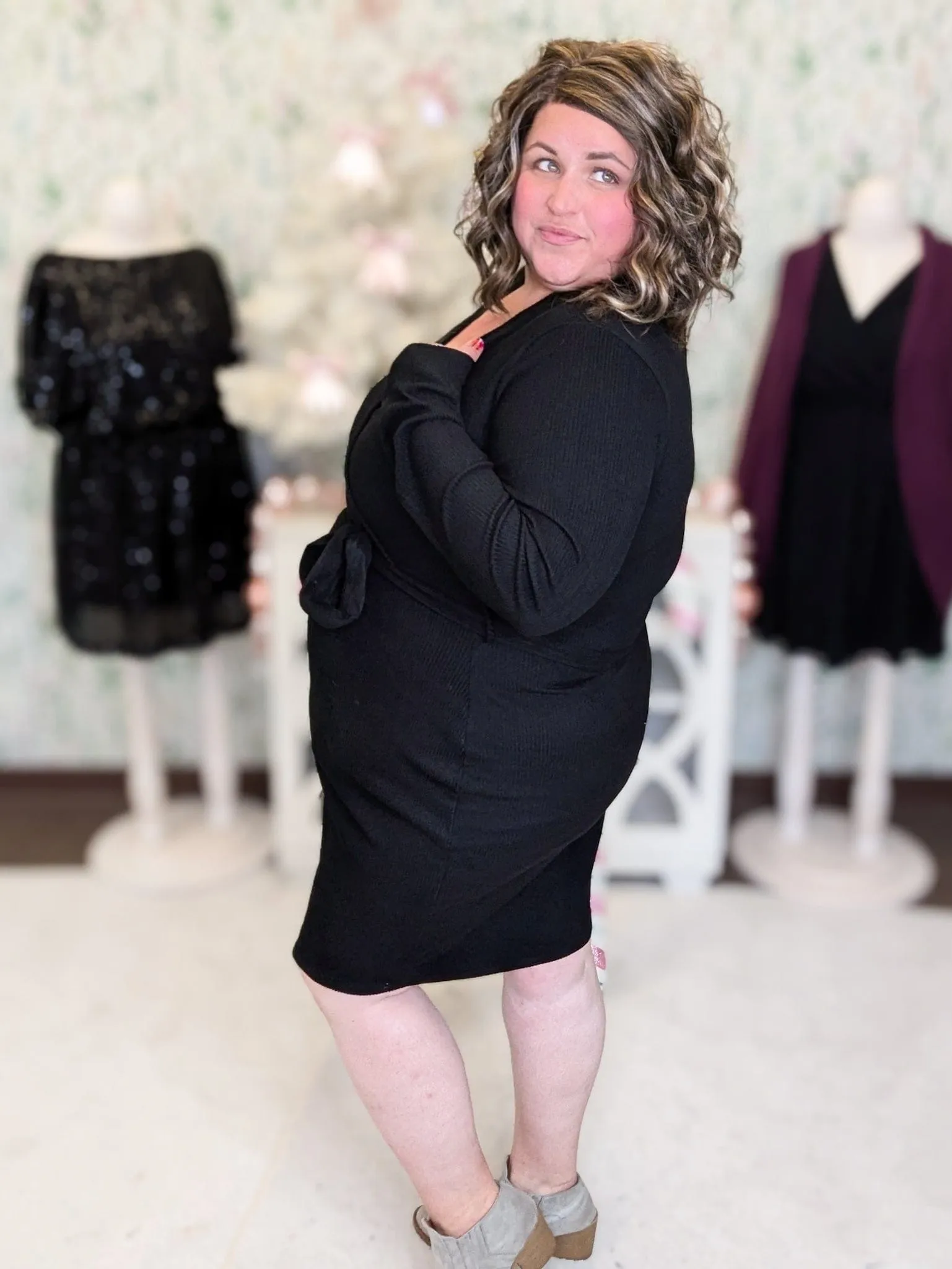 Jameson Faux Wrap Long Sleeve Dress in Ribbed Black