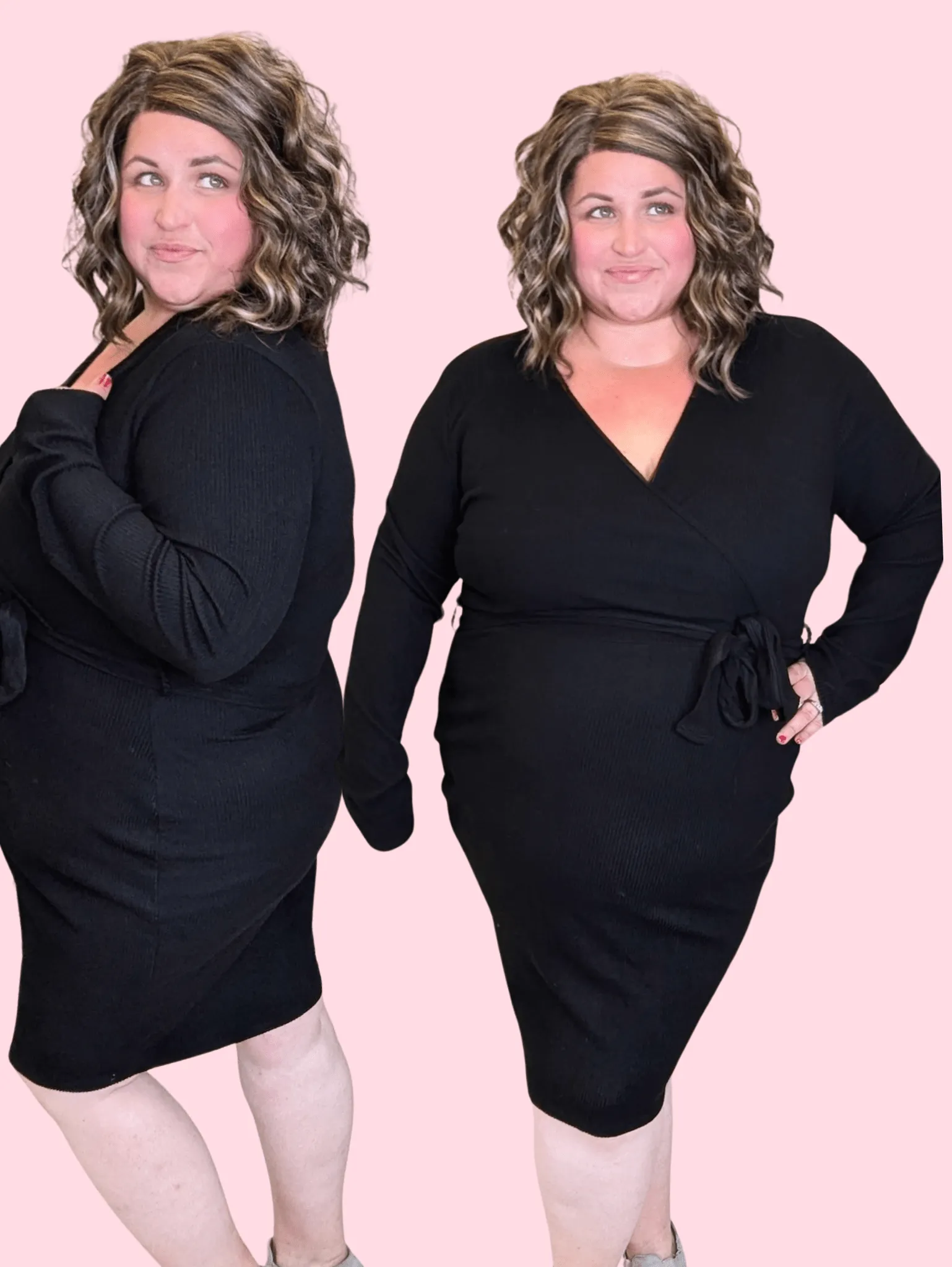 Jameson Faux Wrap Long Sleeve Dress in Ribbed Black
