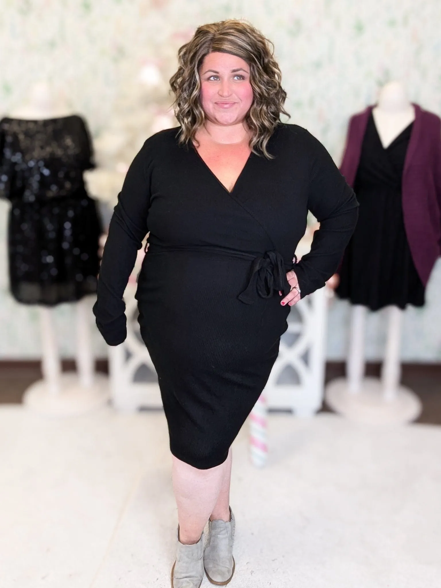 Jameson Faux Wrap Long Sleeve Dress in Ribbed Black