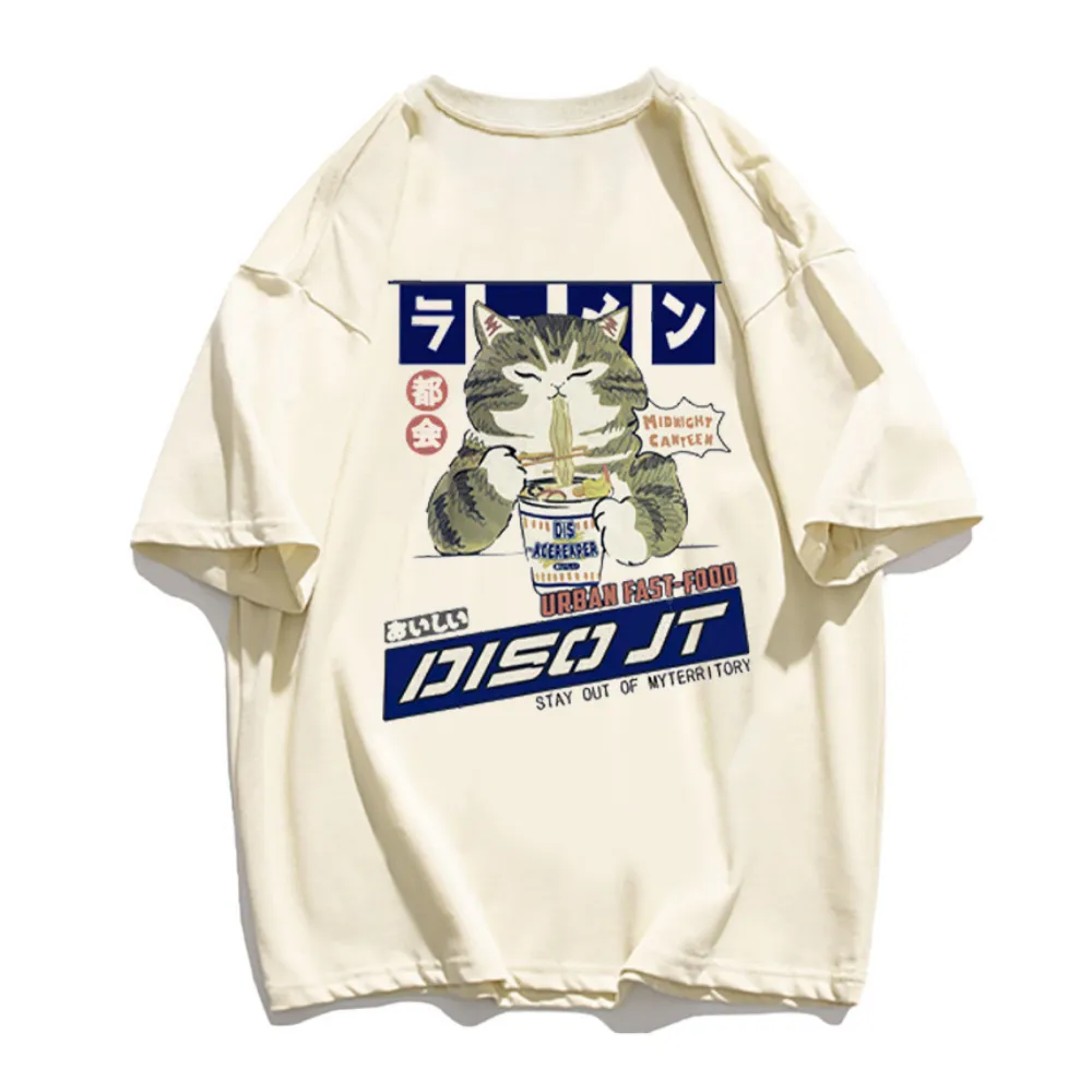 Japanese Greedy Cat Print T-shirt