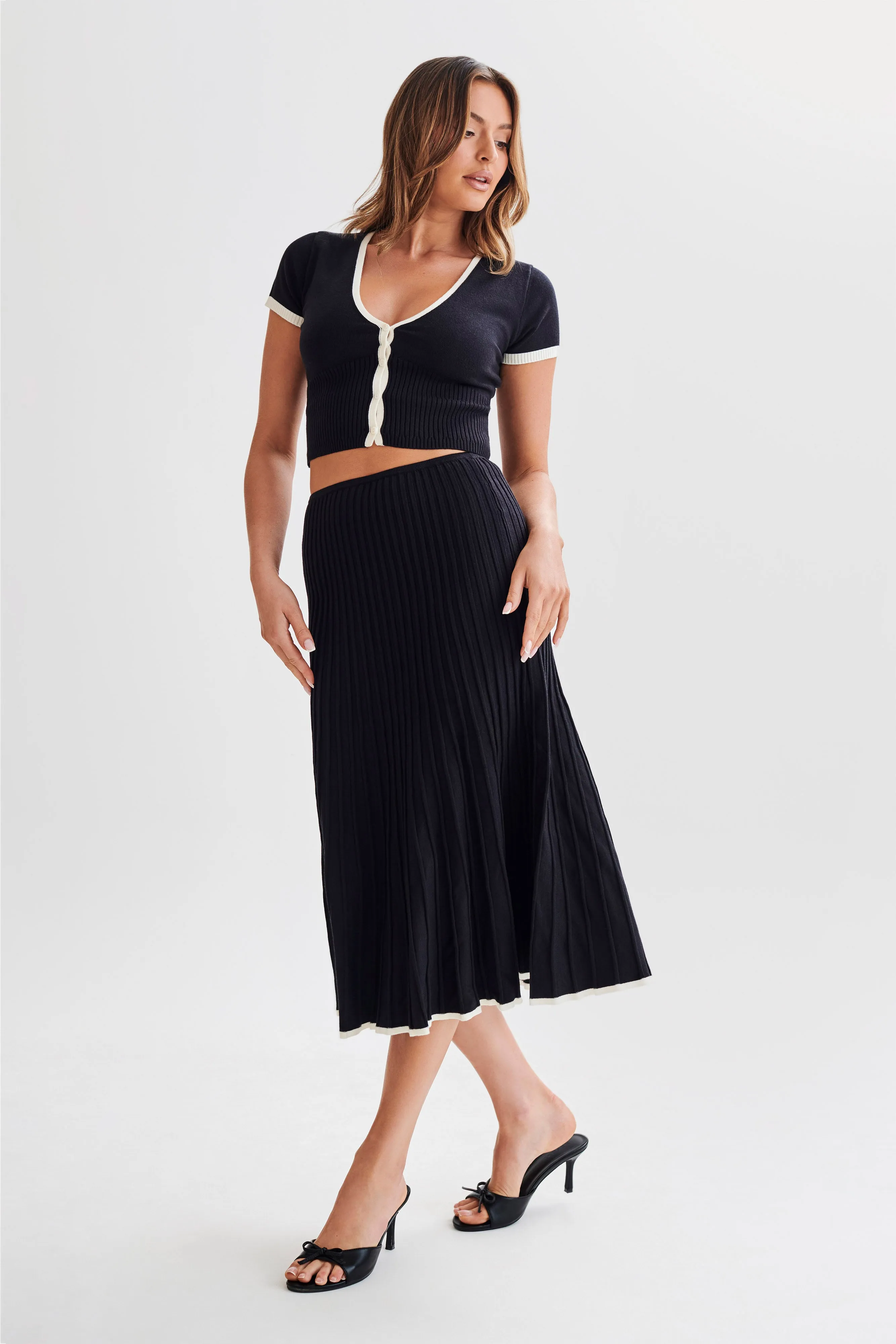 Jolene Contrast Button Up Knit Top - Black