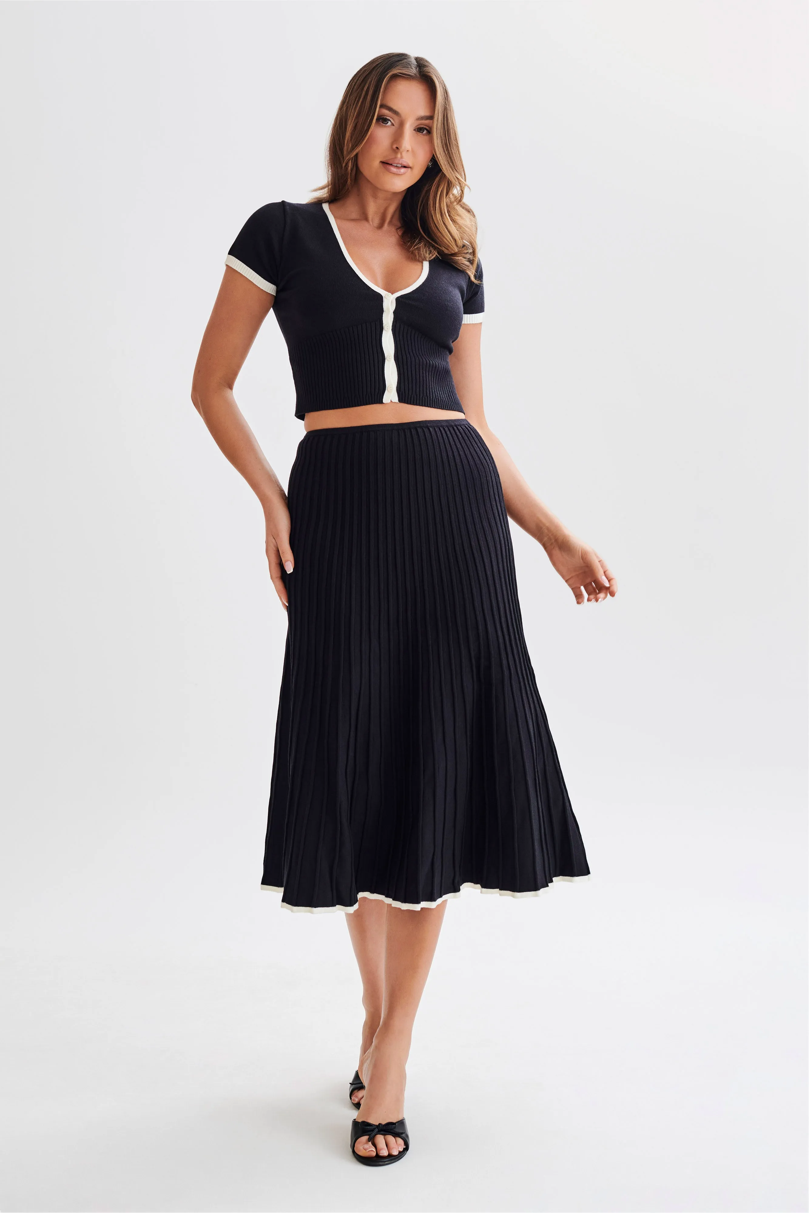 Jolene Contrast Button Up Knit Top - Black