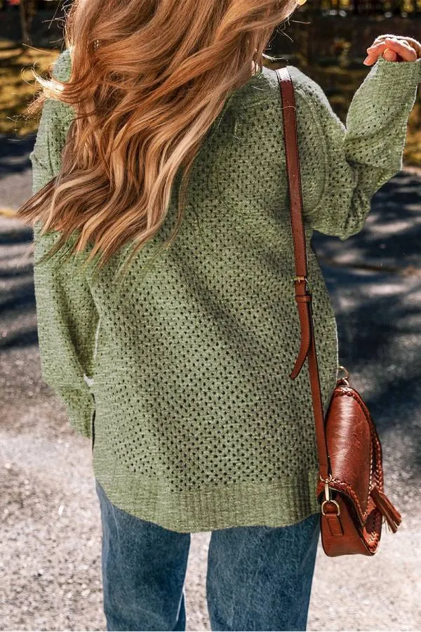 Jungle Green Plain Oversized Hollowed Knit Sweater
