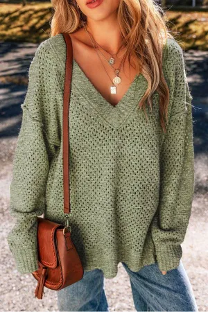 Jungle Green Plain Oversized Hollowed Knit Sweater