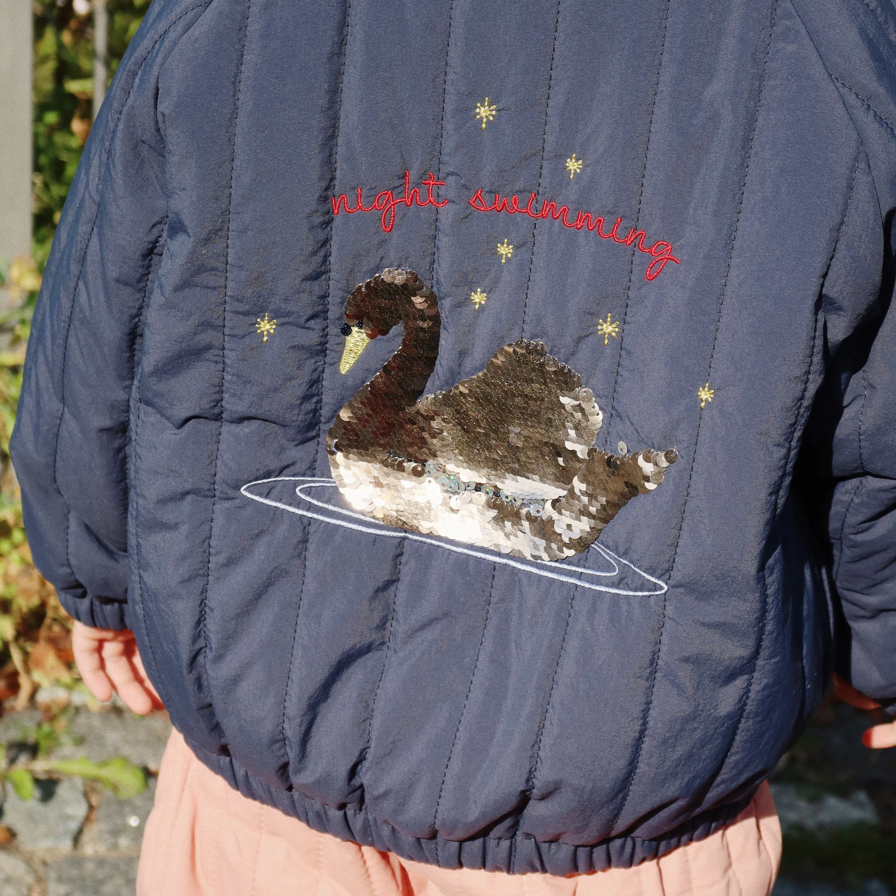 Juno Sequin Swan Quilted Bomber Jacket (Total Eclipse)