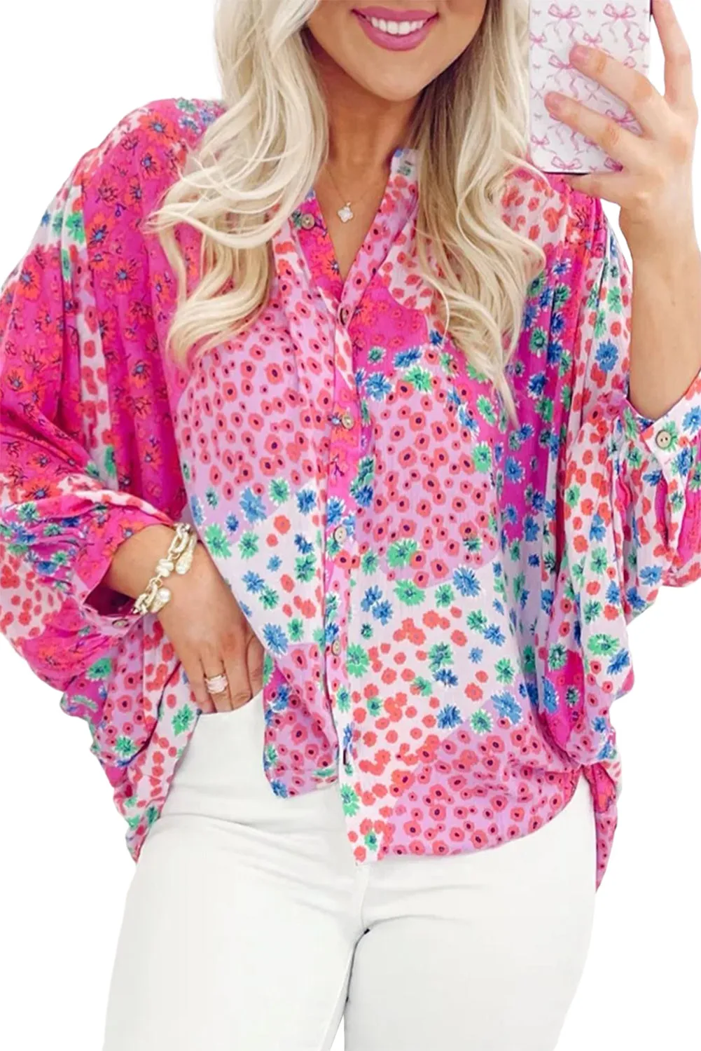 KaleaBoutique Floral Allover Print Buttoned V Neck Oversized Shirt