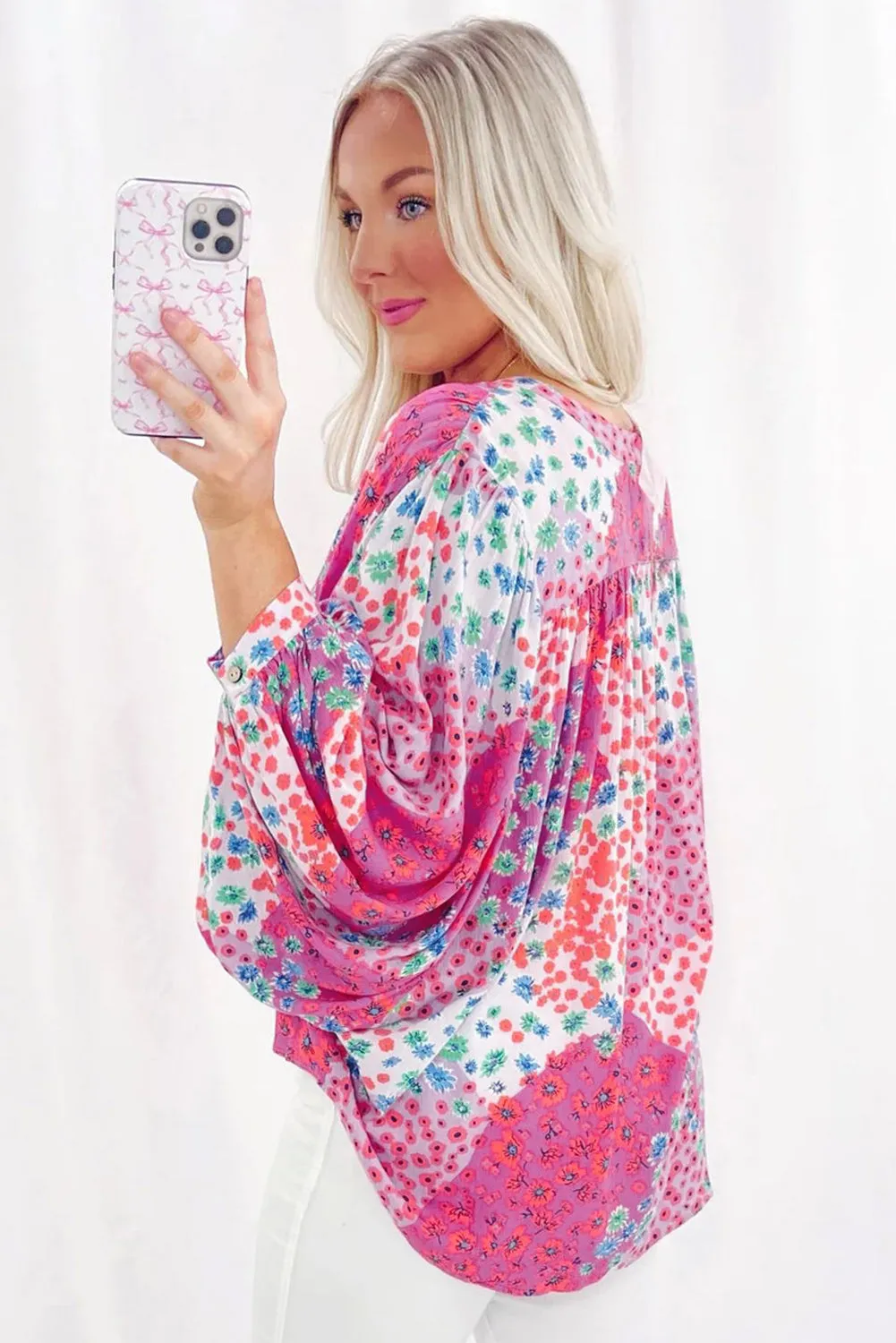 KaleaBoutique Floral Allover Print Buttoned V Neck Oversized Shirt