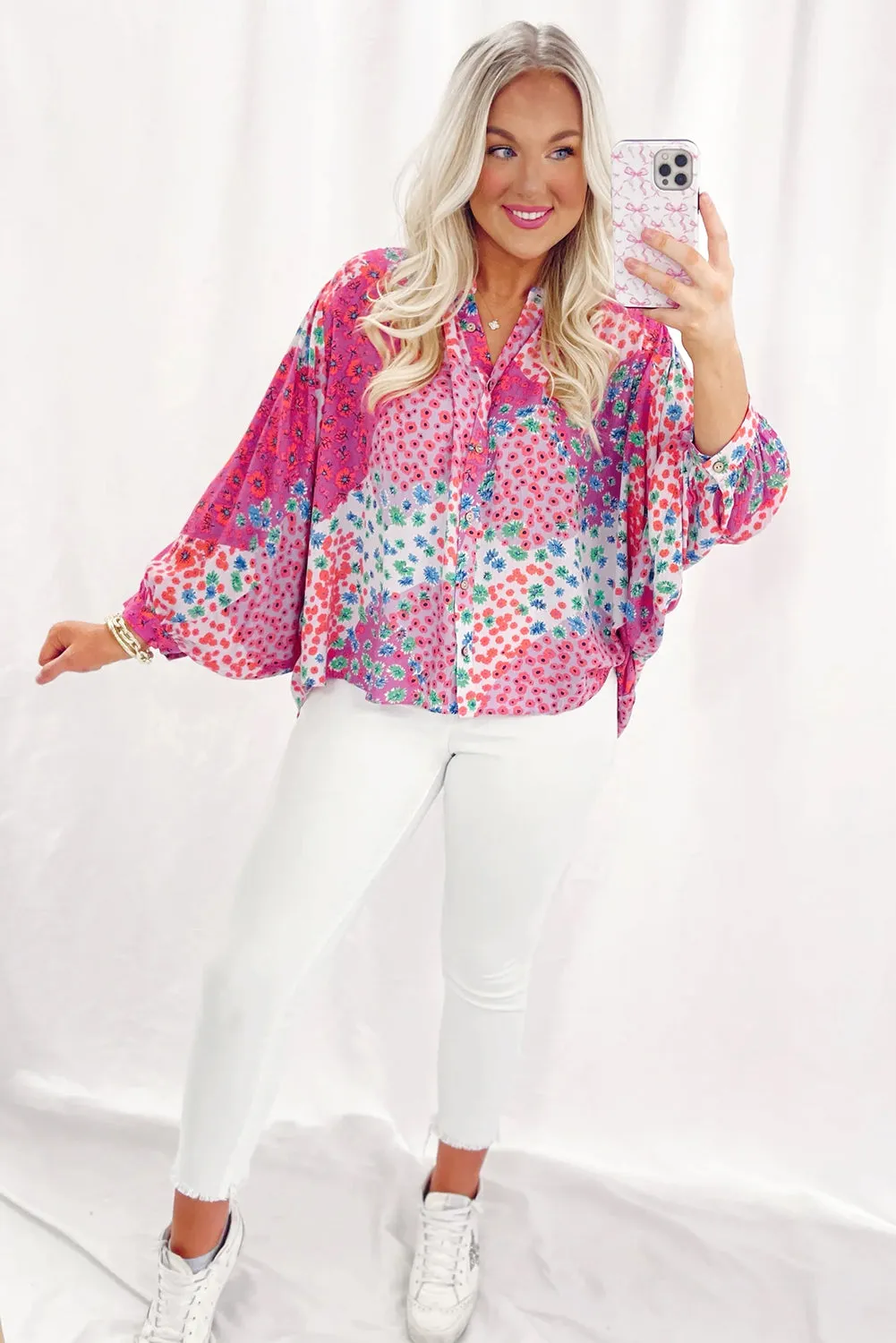 KaleaBoutique Floral Allover Print Buttoned V Neck Oversized Shirt