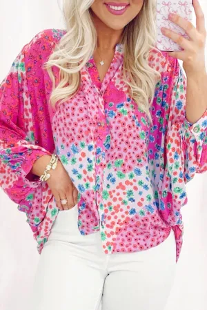 KaleaBoutique Floral Allover Print Buttoned V Neck Oversized Shirt