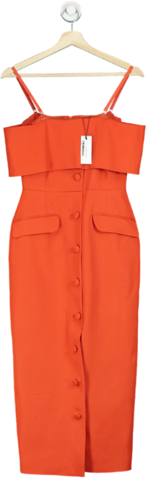 Karen Millen Orange Italian Structured Rib Bardot Button Through Tailored Midi Dress UK 8