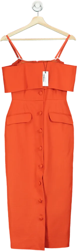 Karen Millen Orange Italian Structured Rib Bardot Button Through Tailored Midi Dress UK 8