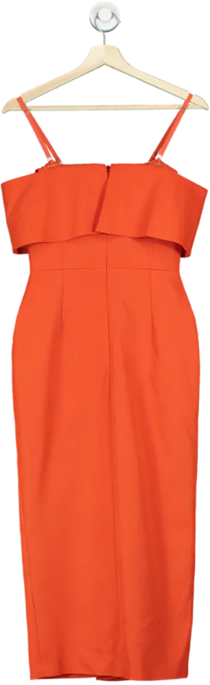Karen Millen Orange Italian Structured Rib Bardot Button Through Tailored Midi Dress UK 8